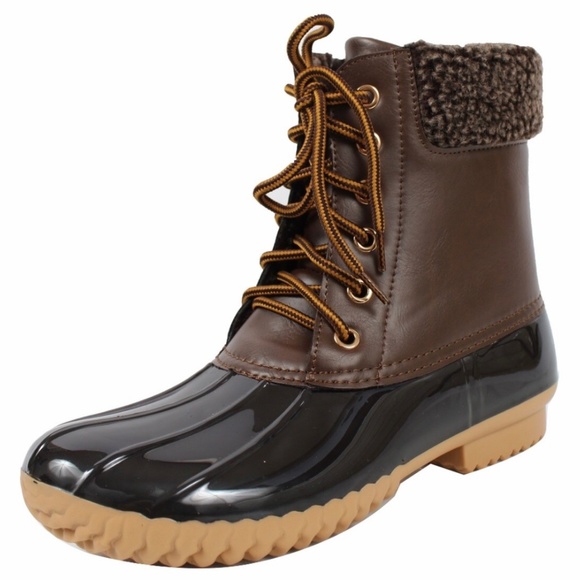 Faux Fur Cuff Lace Up Duck Mid Calf Boots
